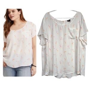 Torrid Womens Size 4 (4X) Flamingo Print Georgette Button Back Blouse White Pink